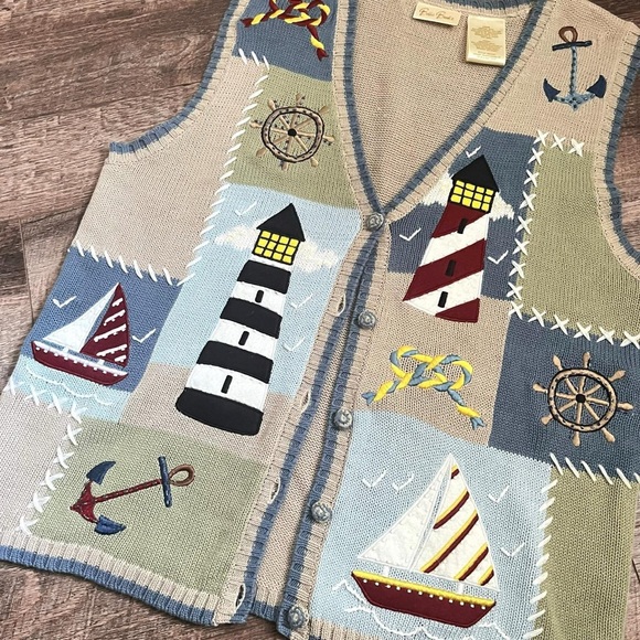 Bobbie Brooks Vintage Sailboat Button Up Granny Sweater Knitted Vest Nautical - Picture 2 of 8